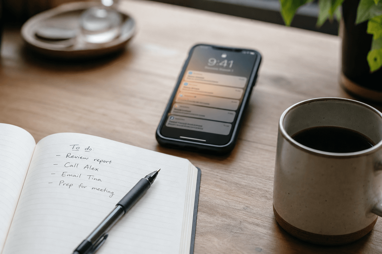 A phone with notification banners beside a focused notebook and coffee—important reminders competing with digital noise