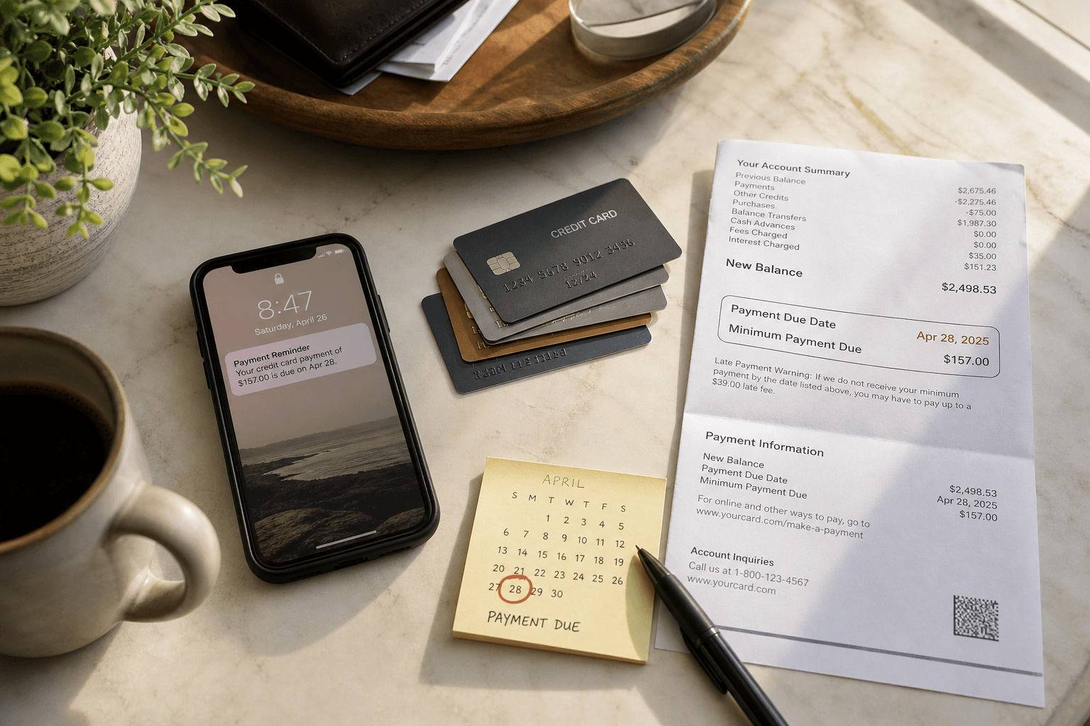 Credit cards beside a paper statement and phone reminder on a home desk—everyday payment due dates in natural light