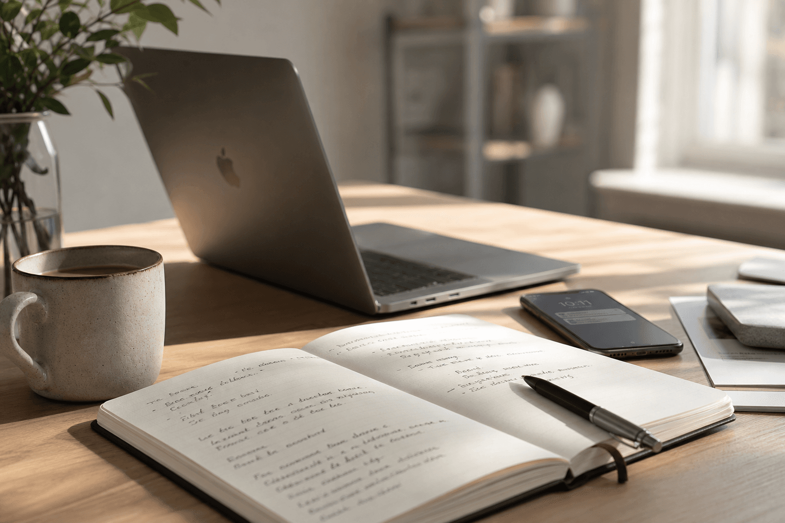 A modern desk with laptop, notebook, and phone in morning light