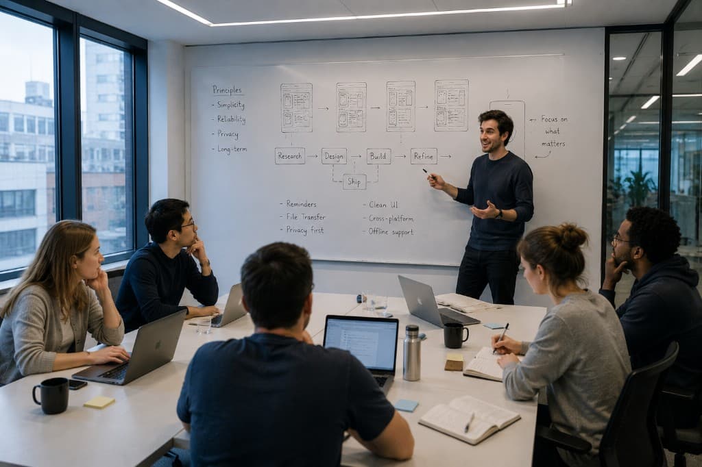 Team collaborating on product design and engineering principles at a whiteboard
