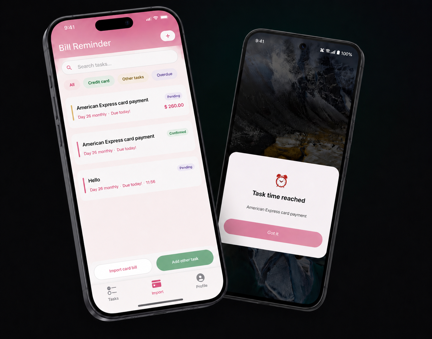 Bill Reminder iPhone overview and Android repayment reminder